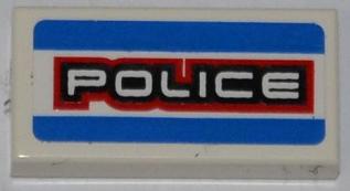 White LEGO 1x2 tile with blue stripes and 'POLICE' in white, black, and red outline text.