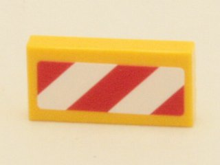 Yellow LEGO 1x2 tile with red and white diagonal danger stripes pattern, outlined in red.