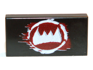 LEGO 3069pb0254 black 1x2 tile with white fangs and dark red distressed pattern.