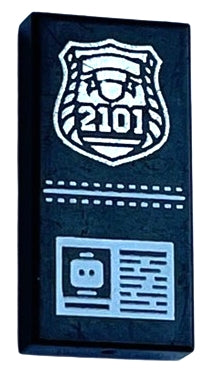 LEGO 3069pb0260 Tile 1 x 2, black, with silver police badge '2101' and ID pattern.