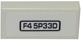 White LEGO Tile 1 x 2 (3069pb0378) with 'F4 5P33D' pattern inside a black bordered rectangle.