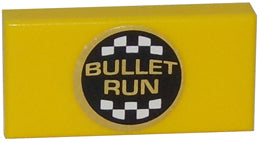 Yellow LEGO 1x2 tile with a centered black circular sticker displaying 'BULLET RUN' in gold text and a checkered border.