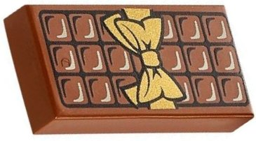 A brown LEGO 1x2 tile featuring a pattern of individual chocolate blocks and a shiny gold bow, resembling a gift-wrapped chocolate bar.
