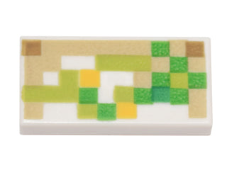 White LEGO Tile 1x2 with a pixelated pattern featuring green, lime, tan, and yellow squares, representing a Minecraft Iron Golem.