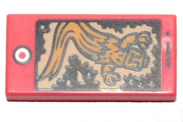 Red LEGO 1x2 tile with cell phone print featuring a bright light orange ghost pattern on its screen.