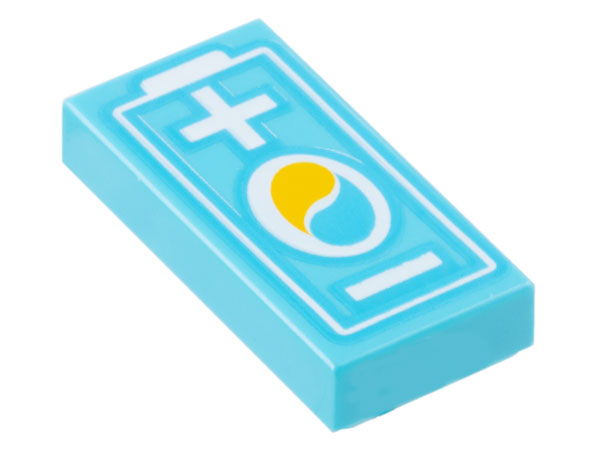Light blue LEGO 1x2 tile with electric car battery pattern, including OctanE logo and white plus and minus signs.