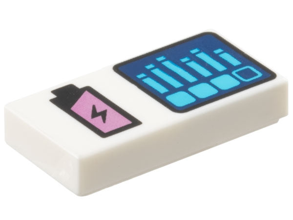 White LEGO 1x2 tile with black and metallic pink battery charge pattern and dark blue screen with dark azure bar graph.