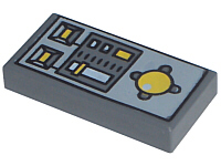 Dark gray LEGO 1x2 tile with a light gray vehicle control panel pattern, featuring yellow buttons, sliders, and a round dial.