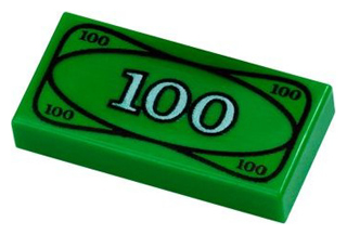 Green LEGO 1x2 tile with a white '100' currency bill pattern printed on its surface.
