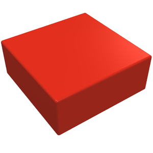Shiny red LEGO 3070a Tile 1 x 1 without Groove, viewed from an angle on a white background.
