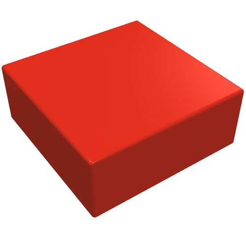 Shiny red LEGO 3070a Tile 1 x 1 without Groove, viewed from an angle on a white background.