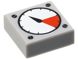 Light grey LEGO 1x1 tile with white and red gauge pattern, thick black needle, and four printed screw heads.