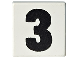 White LEGO tile 1x1 with a bold black number 3 pattern on its surface.