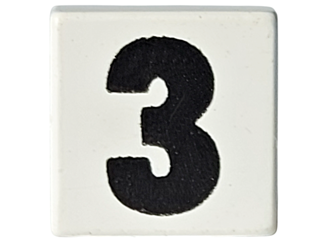 White LEGO tile 1x1 with a bold black number 3 pattern on its surface.