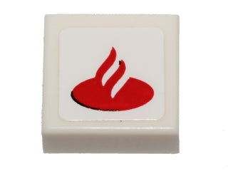 White LEGO 1x1 tile with a sticker featuring the red Santander flame logo on a white background.