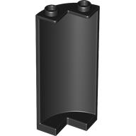 Black LEGO part 30987, a quarter cylinder measuring 2x2x5 studs with a 1x1 cutout and two studs on top.