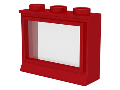 A red LEGO 1x3x2 window brick with a clear fixed glass pane and three top studs.