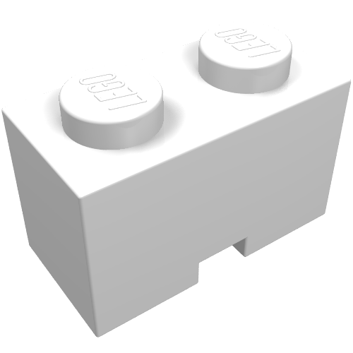 White LEGO 3134 brick, modified 1x2 with cable holding cutout, showing top studs with logo.