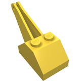 Yellow LEGO Hook Slope 45 2 x 3 x 1 1/3 Double with Arm brick with two studs and two pin holes.