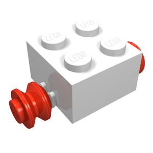White LEGO 2x2 modified brick with four studs, featuring red wheels for single tires on both ends.