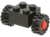 Black LEGO modified 2x2 brick with four studs, assembled with red wheels and black 15mm D. x 6mm offset tread tires.