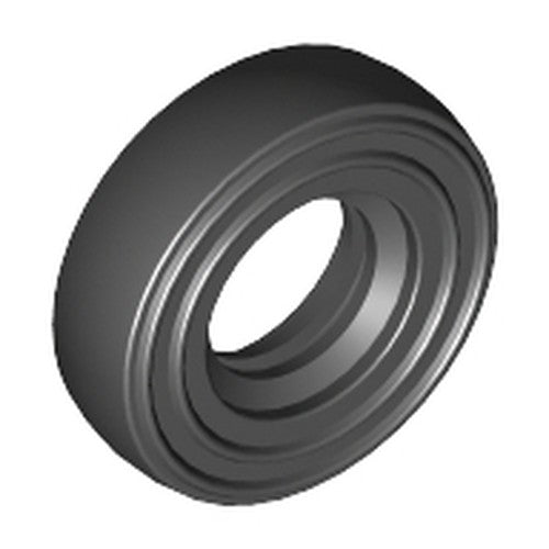 A single dark grey LEGO tire, 14mm diameter x 4mm smooth, with an inner ribbed detail, viewed at an angle.