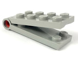 A light gray LEGO Hinge Plate 2 x 4 (part 3149c01) with a red pin, shown partially open on a white background.