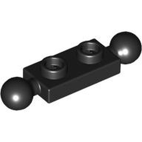 Black LEGO Plate, Modified 1 x 2, with two studs on top and a tow ball extending from each end.