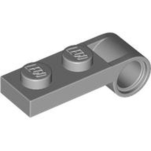 Dark gray LEGO 1x2 plate with two studs and a pin hole on one end, viewed at an angle.