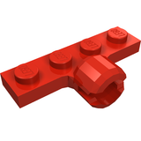 Red LEGO modified plate 1x4 with an integrated tow ball socket featuring two internal slots.