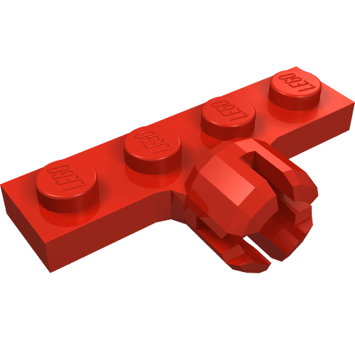 Red LEGO 1x4 plate with four studs and a long tow ball socket with four slots, shown from an angle.