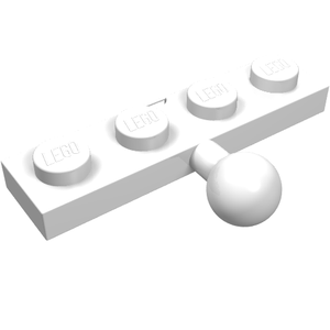 A single white LEGO modified 1x4 plate featuring four studs with LEGO branding and a tow ball extending from its side.