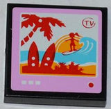 Black LEGO 2x2 tile with a pink TV screen showing a surfer on a wave, two surfboards, a palm tree, and 'TV' text.