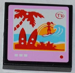 Black LEGO 2x2 tile with a pink TV screen showing a surfer on a wave, two surfboards, a palm tree, and 'TV' text.