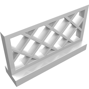 White LEGO fence 1 x 4 x 2 lattice piece with an angled diamond pattern, standing on a white base.