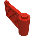 A red LEGO Fence Gate 1 x 4 x 2 Lattice, featuring a cylindrical base with a single stud and a latticed fence section.
