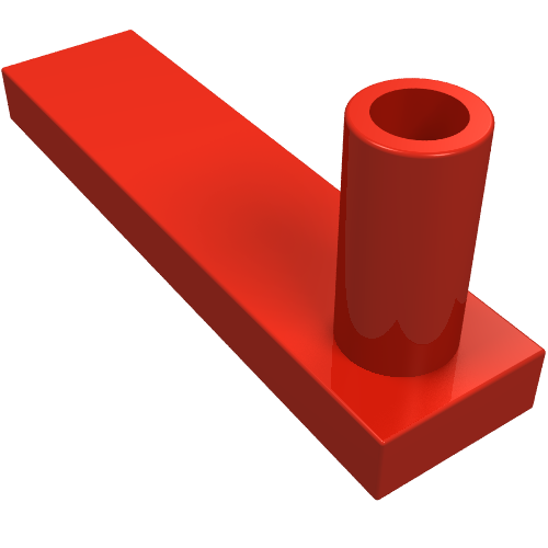 Red LEGO 3187 Fence Gate 1 x 4 x 2 Base, a rectangular plate with a hollow cylinder rising from it.