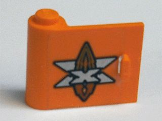 Orange LEGO 3189pb06 door 1x3x2 left with silver Island Xtreme Stunts logo sticker pattern.