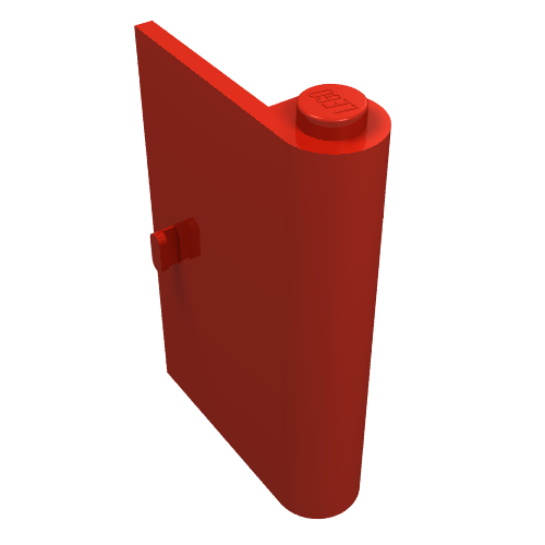 Red LEGO Door 1 x 3 x 3 Right with thin handle and top stud, angled view on white background.