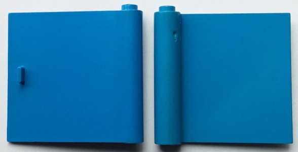 Two views of a blue LEGO 1x5x4 door piece: one shows the back with a thin handle, the other shows the hinged front.