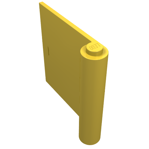 Yellow LEGO Door 1 x 5 x 4 Left, a flat panel with a cylindrical hinge, showing the LEGO logo on top.