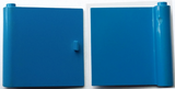 Two blue LEGO 3195a Door 1 x 5 x 4 Left with Thin Handle parts, one front view with handle, one hinge view.