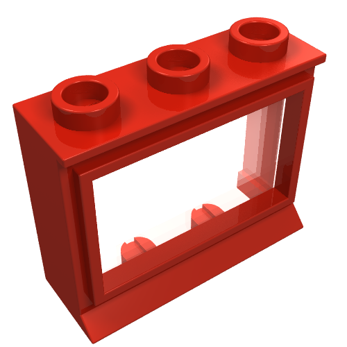 Red LEGO 31bc01 Window 1 x 3 x 2 with Extended Lip and transparent glass insert.