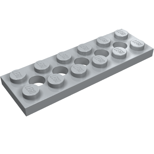 Grey LEGO Technic Plate 2 x 6 with 5 holes, showing studs with 'LEGO' logo and larger central holes.