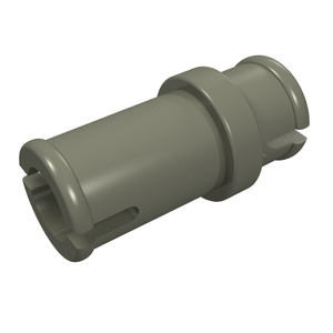 A grey LEGO Technic Pin 3/4, a cylindrical connector with attachment points on both ends, shown at an angle.