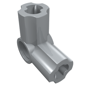 Grey LEGO Technic Axle and Pin Connector Angled #6, 90 degrees. Features a hexagonal top with axle hole, and an angled cylinder with pin and axle holes.