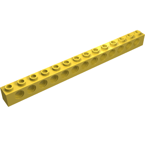 Yellow LEGO Technic Brick 1x14 with 14 studs on top and 14 circular holes along its side, on a white background.