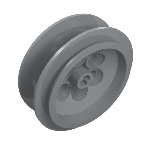 Gray LEGO Technic wheel part 32020, featuring a pulley groove and an extended axle stem.