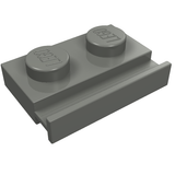 A grey LEGO 1x2 modified plate with two studs and a door rail along one long edge, viewed at an angle.