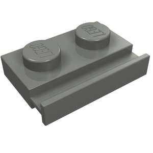 A grey LEGO 1x2 modified plate with two studs and a door rail along one long edge, viewed at an angle.